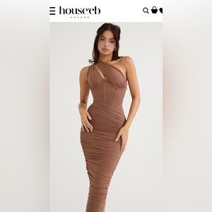 House of CB Valentina mocha asymmetric cutout midi dress. Size L, never worn.